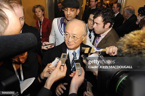 Director of the IAEA, the UN's nuclear watchdog, Yukiya Amano speaks to reporters at the 46th Munich Security Conference at the Bayerischer Hof hotel...