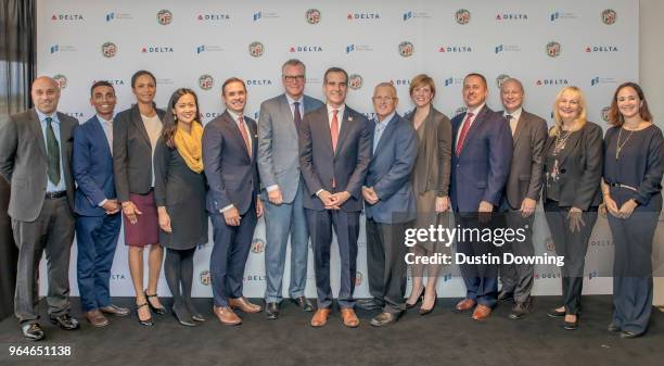 Los Angeles World Airports CEO Deborah Flint , Delta Airlines CEO Ed Bastian and Los Angeles Mayor Eric Garcetti with the Airport Board of...