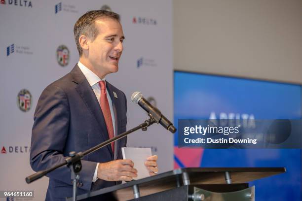 Los Angeles Mayor Eric Garcetti speaks during the press conference to launch the Delta Sky Way at LAX project at Los Angeles International Airport on...