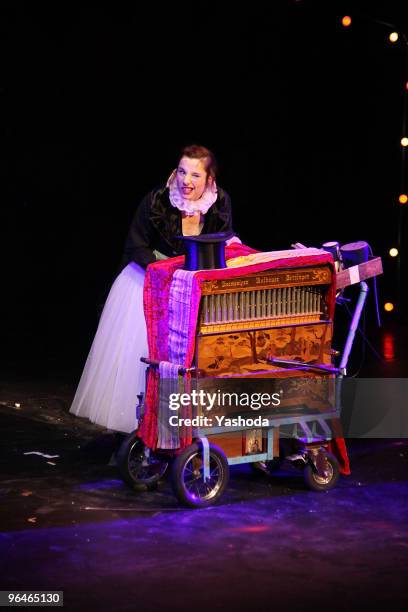 Artist Meret Becker performs in the cabaret premiere: 'The fabulous variete show' during the reopening of the Berlin Wintergarten Variete on February...