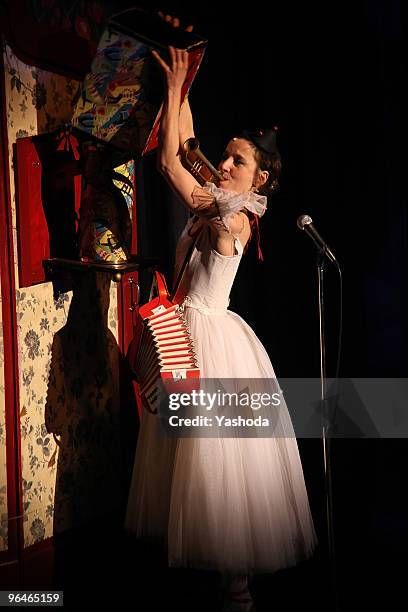 Artist Meret Becker performs in the cabaret premiere: 'The fabulous variete show' during the reopening of the Berlin Wintergarten Variete on February...