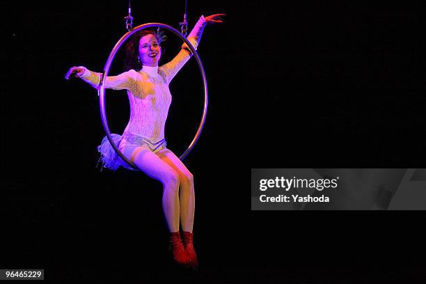 Artist Meret Becker performs in the cabaret premiere: 'The fabulous variete show' during the reopening of the Berlin Wintergarten Variete on February...