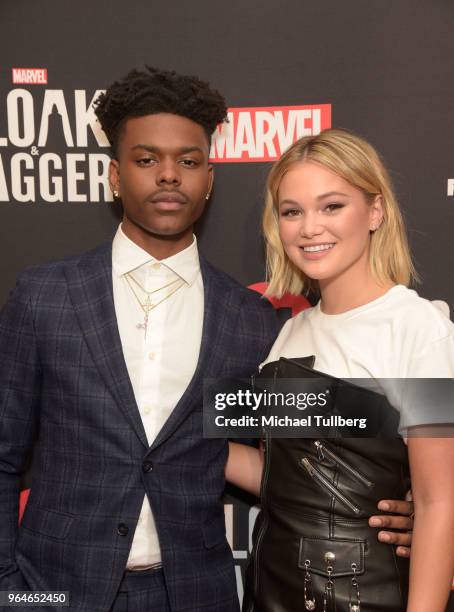 Actors Aubrey Joseph and Olivia Holt attend a screening of Marvel's "Cloak & Dagger" hosted by Freeform and the NAACP at The London Hotel on May 31,...