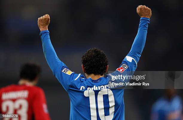 Carlos Eduardo of Hoffenheim celebrates after the final whistle of the Bundesliga match between 1899 Hoffenheim and Hannover 96 at Rhein-Neckar Arena...