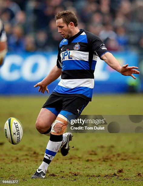 Butch James of Bath in action during the LV Anglo Welsh Cup match between Bath and Sale Sharks at The Recreation Ground on February 06, 2010 in Bath,...