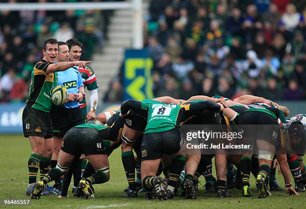 Alan Dickens of Northampton Saints shouts instructions before putting the ball into the scrum during the LV Anglo Welsh Cup match between Northampton...