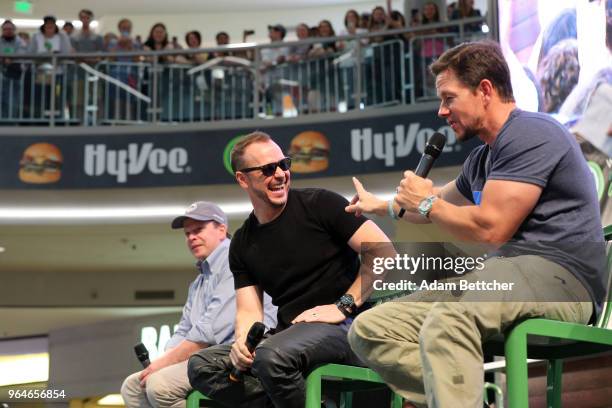 Paul Wahlberg, Donnie Wahlberg and Mark Wahlberg greet fans at the grand opening of their Wahlburger restaurant at Mall of America on May 31, 2018 in...