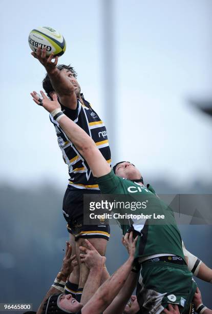 Pat Sanderson of Worcester wins the ball from Gary Johnson of Irish during the LV= Cup match between Worcester Warriors and London Irish at Sixways...
