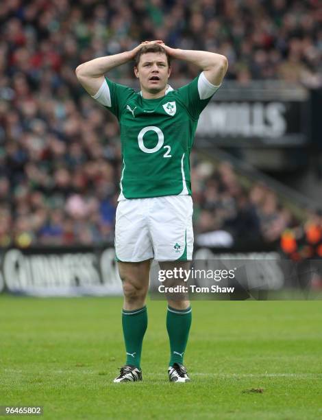 Brian O'Driscoll of Ireland holds his head in his hands during the RBS Six Nations match between Ireland and Italy at Croke Park on February 6, 2010...