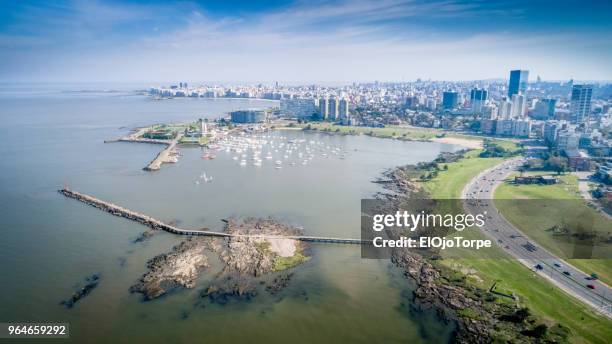 aerial view, high angle view of montevideo's coastline, puertito del buceo neighbourhood, uruguay - buceo stock pictures, royalty-free photos & images