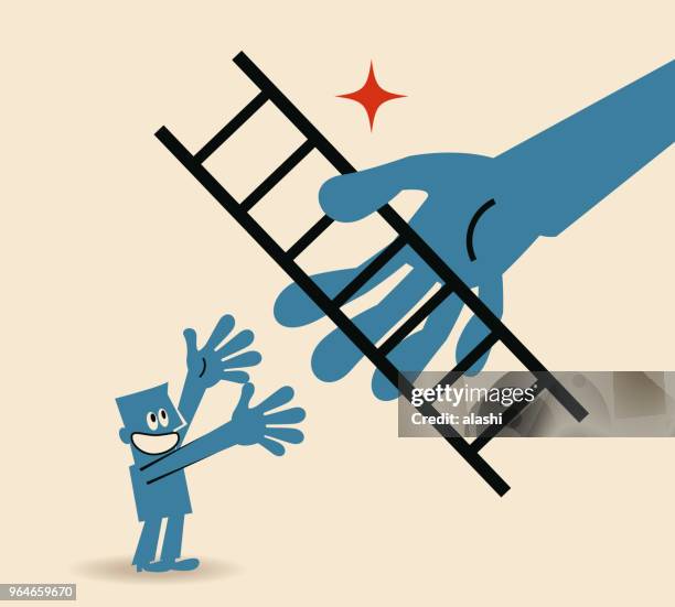 big hand giving a ladder to help businessman move up, way to success concept - freedom of expression is a right and not granted stock illustrations