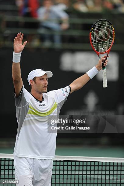 Stephane Robert of France celebrates during the Men's Singles Semifinal match against David Ferrer of Spain during day 6 of the 2010 South African...