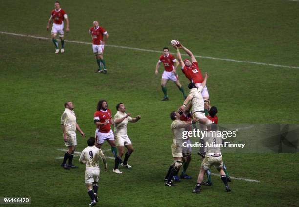 Alun Wyn Jones of Wales wins a line out during the RBS 6 Nations match between England and Wales at Twickenham Stadium on February 6, 2010 in London,...