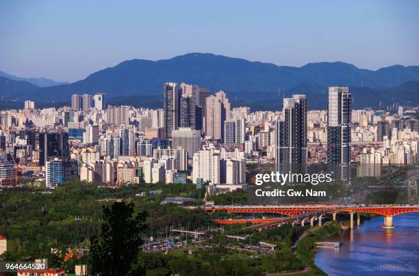 eastern seoul skyline - urban sprawl forest stock pictures, royalty-free photos & images