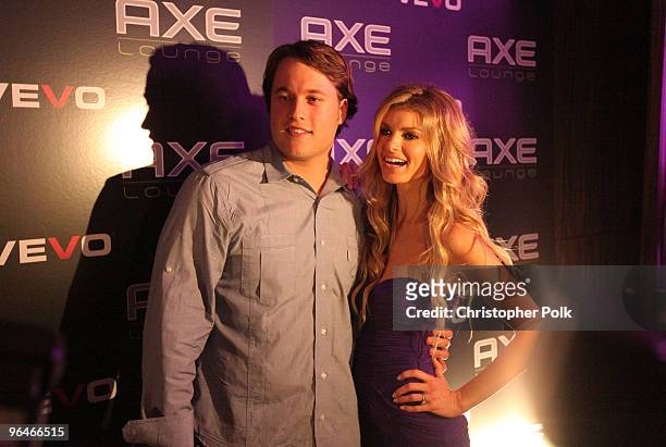 Matthew Stafford of the Detroit Lions and model Marisa Miller attend Axe Lounge at Fontainebleau Miami Beach on February 5, 2010 in Miami Beach,...