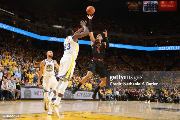 Jordan Clarkson of the Cleveland Cavaliers shoots the ball against the Golden State Warriors in Game One of the 2018 NBA Finals on May 31, 2018 at...