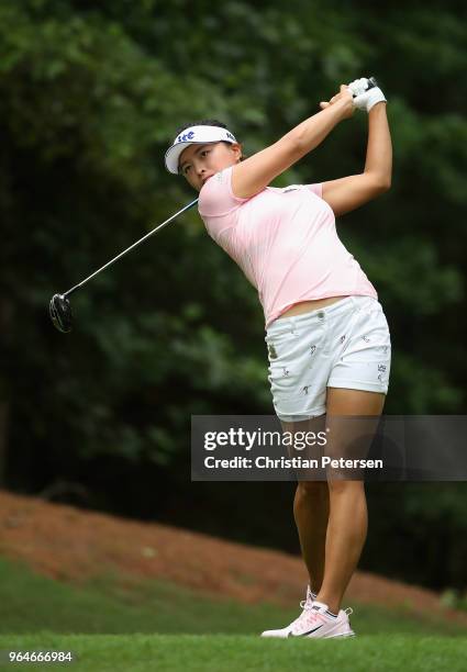 Jin Young Ko of South Korea plays a tee shot on the 11th hole during the first round of the 2018 U.S. Women's Open at Shoal Creek on May 31, 2018 in...