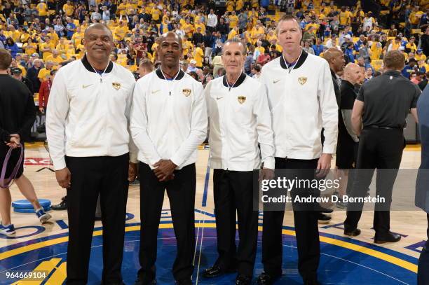 Referees Tony Brothers Tom Washington Ken Mauer and Ed Malloy pose for a photo prior to Game One of the 2018 NBA Finals between the Golden State...