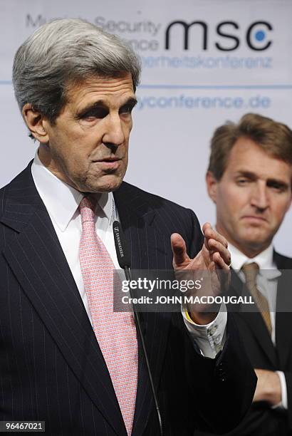 Senator John Kerry addresses a press conference with the members of the US delegation at the 46th Munich Security Conference at the Bayerischer Hof...