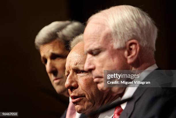 Senators John Kerry, Joseph Lieberman and John McCain give a press statement on the second day of the 46th Munich Security Conference at the...
