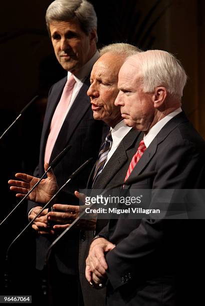 Senators John Kerry, Joseph Lieberman and John McCain give a press statement on the second day of the 46th Munich Security Conference at the...