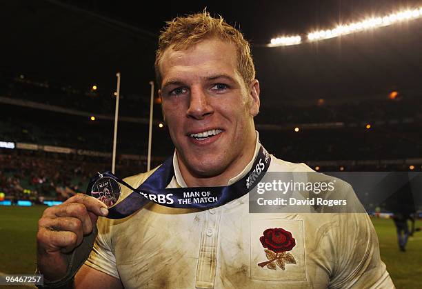 James Haskell of England celebrates with his Man of the Match medal following the RBS 6 Nations Championship match between England and Wales at...