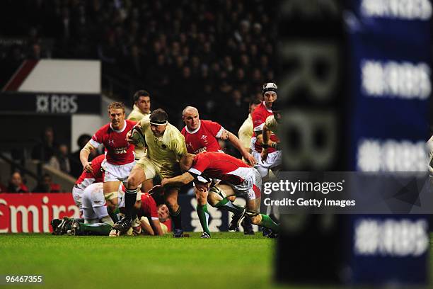 Dylan Hartley of England runs at the Welsh defence during the RBS 6 Nations Championship match between England and Wales at Twickenham Stadium on...