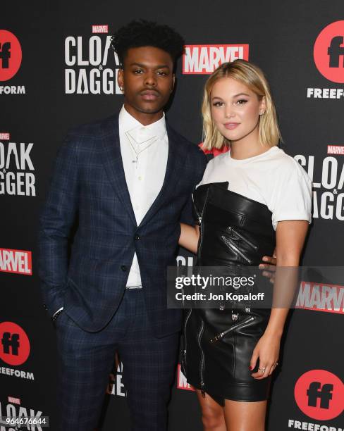 Aubrey Joseph and Olivia Holt attend Freeform And The NAACP Host A Screening For Marvel's "Cloak & Dagger" at The London Hotel on May 31, 2018 in...