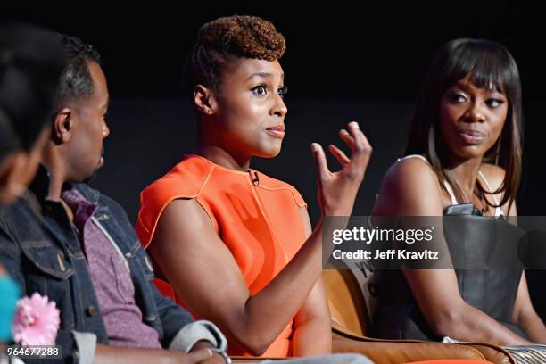 Executive Producer/Director/Writer Prentice Penny, Co-Creator/Executive Producer/Writer/Actor Issa Rae, and actor Yvonne Orji speak onstage at...