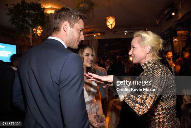 Justin Hartley, Chrishell Stause and Anne Heche attend the "American Woman" premiere party at Chateau Marmont on May 31, 2018 in Los Angeles,...