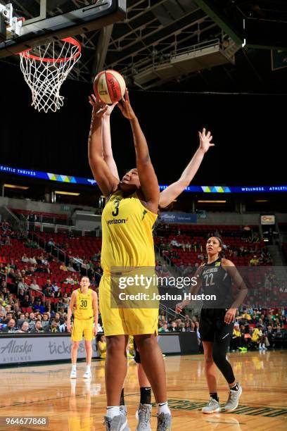 Courtney Paris of the Seattle Storm shoots the ball against the Las Vegas Aces on May 31, 2018 at Key Arena in Seattle, Washington. NOTE TO USER:...