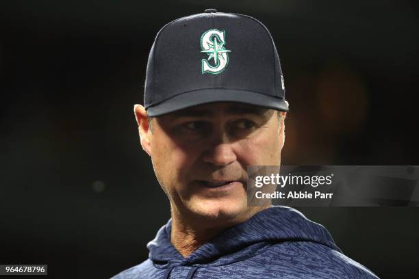Scott Servais of the Seattle Mariners looks on in the sixth inning against the Texas Rangers during their game at Safeco Field on May 31, 2018 in...