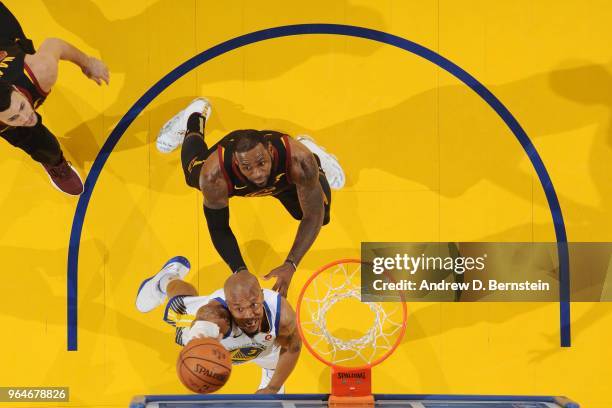 David West of the Golden State Warriors shoots the ball against the Cleveland Cavaliers in Game One of the 2018 NBA Finals on May 31, 2018 at ORACLE...