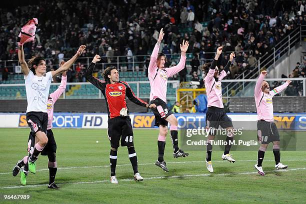 Players of Palermo celebrate after winning the Serie A match between Palermo and Parma at Stadio Renzo Barbera on February 6, 2010 in Palermo, Italy.