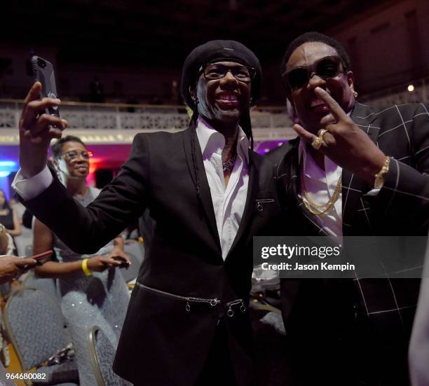 Producer Nile Rodgers and musician Charlie Wilson enjoy performaces onstage during NMAAM Celebration of Legends Galaon May 31, 2018 in Nashville,...