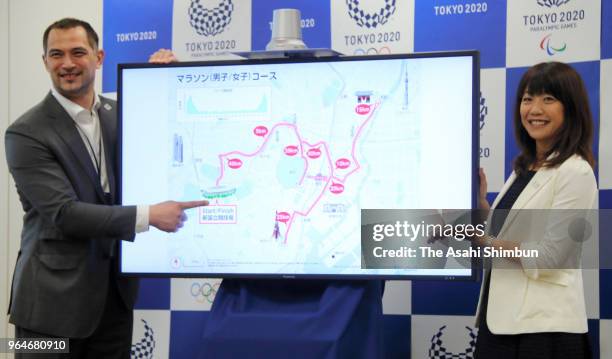 Naoko Takahashi and Koji Murofushi attend a press conference announcing the Tokyo Olympic Games' marathon course on May 31, 2018 in Tokyo, Japan.