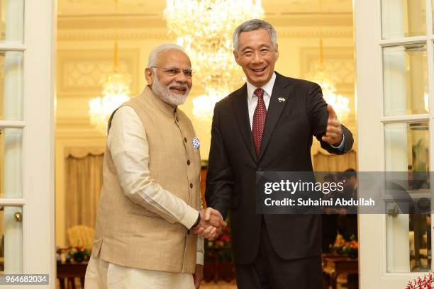 Indian Prime Minister Narendra Modi meets with Singapore Prime Minister, Lee Hsien Loong at the Istana on June 1, 2018 in Singapore. Narendra Modi is...