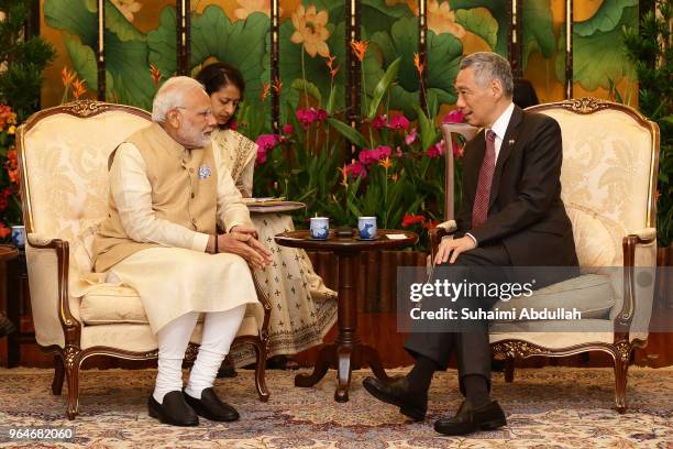 Indian Prime Minister Narendra Modi meets with Singapore Prime Minister, Lee Hsien Loong at the Istana on June 1, 2018 in Singapore. Narendra Modi is...