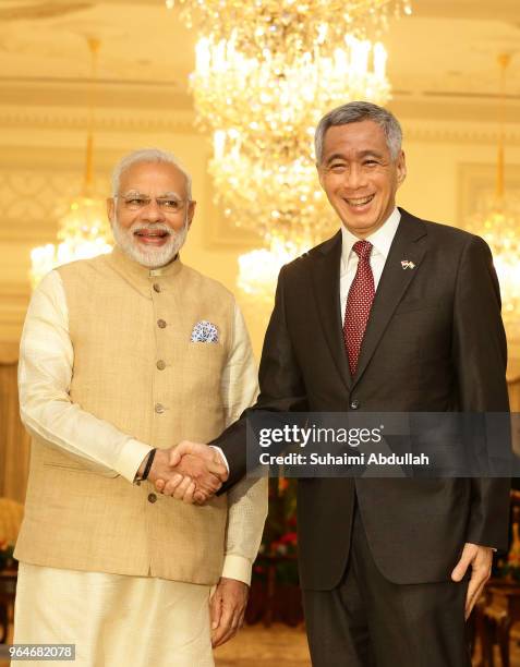 Indian Prime Minister Narendra Modi meets with Singapore Prime Minister, Lee Hsien Loong at the Istana on June 1, 2018 in Singapore. Narendra Modi is...