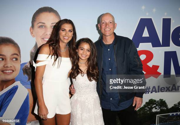 Professional soccer player Alex Morgan, actor Siena Agudong and writer/director Eric Champnella attend the premiere of "Alex & Me" at the DGA Theater...