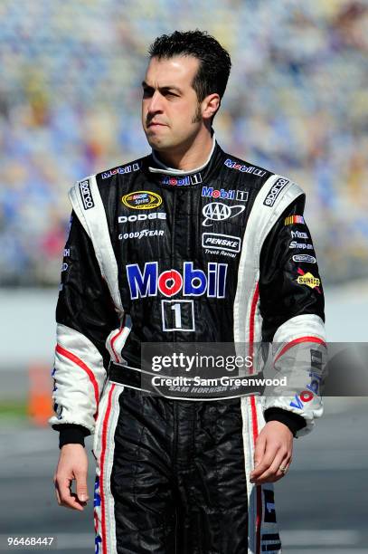 Sam Hornish Jr., driver of the Mobil 1 Dodge, walks on pit road during qualifying for the Daytona 500 at Daytona International Speedway on February...