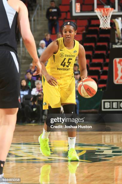 Noelle Quinn of the Seattle Storm handles the ball against the Las Vegas Aces on May 31, 2018 at Key Arena in Seattle, Washington. NOTE TO USER: User...