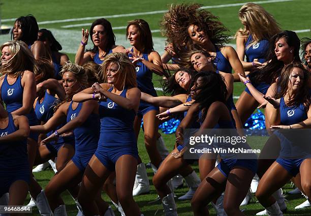 Indianapolis Colts cheerleaders take part in a final practice at Sun Life Stadium February 6, 2010 in Miami, Florida. Super Bowl XLIV between the...