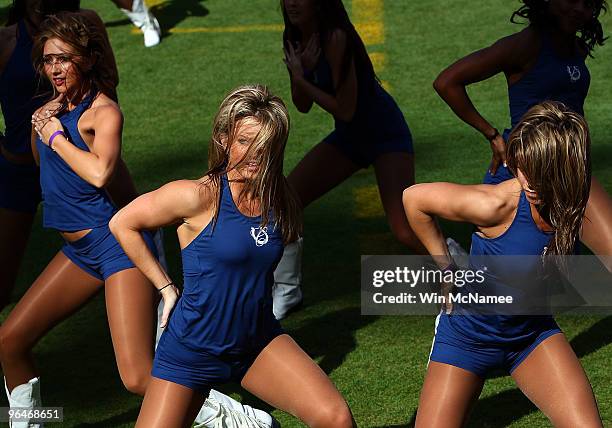 Indianapolis Colts cheerleaders take part in a final practice at Sun Life Stadium February 6, 2010 in Miami, Florida. Super Bowl XLIV between the...