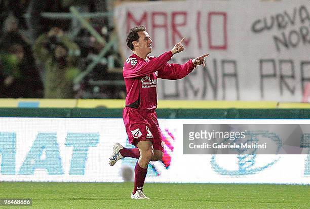 Antonio Filippini of AS Livorno Calcio celebrates the goal during the Serie A match between Livorno and Juventus at Stadio Armando Picchi on February...