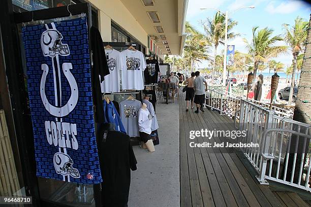 Super Bowl merchandise is sold along Fort Lauderdale Beach on February 6, 2010 in Fort Lauderdale, Florida. Super Bowl XLIV between the Indianapolis...