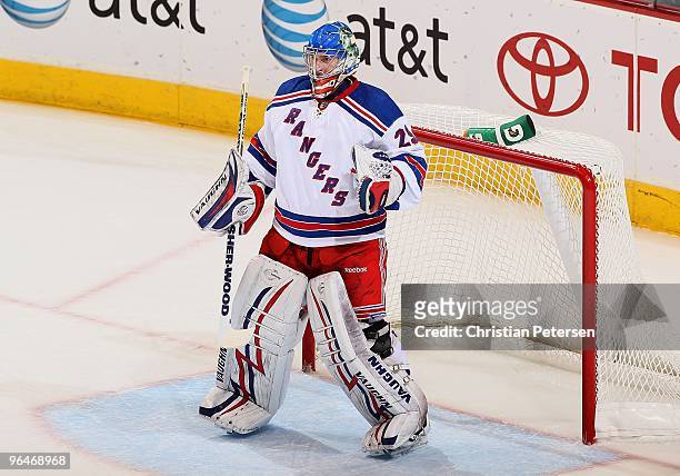 Goaltender Chad Johnson of the New York Rangers in action during the NHL game against the Phoenix Coyotes at Jobing.com Arena on January 30, 2010 in...