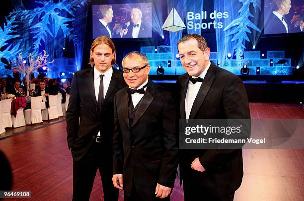 Timo Hildebrand, Felix Magath and Tom Bender attend the 2009 Sports Gala 'Ball des Sports' at the Rhein-Main Hall on February 6, 2010 in Wiesbaden,...