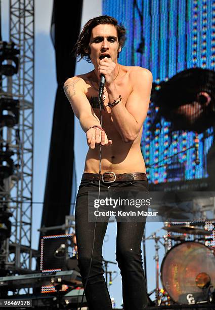 Tyson Ritter of The All-American Rejects performs at DIRECTV's 4th Annual Celebrity Beach Bowl on February 6, 2010 in Miami Beach, Florida.