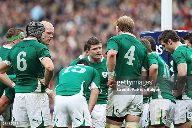 Brian O'Driscoll of Ireland talks to his players during the RBS Six Nations match between Ireland and Italy at Croke Park on February 6, 2010 in...